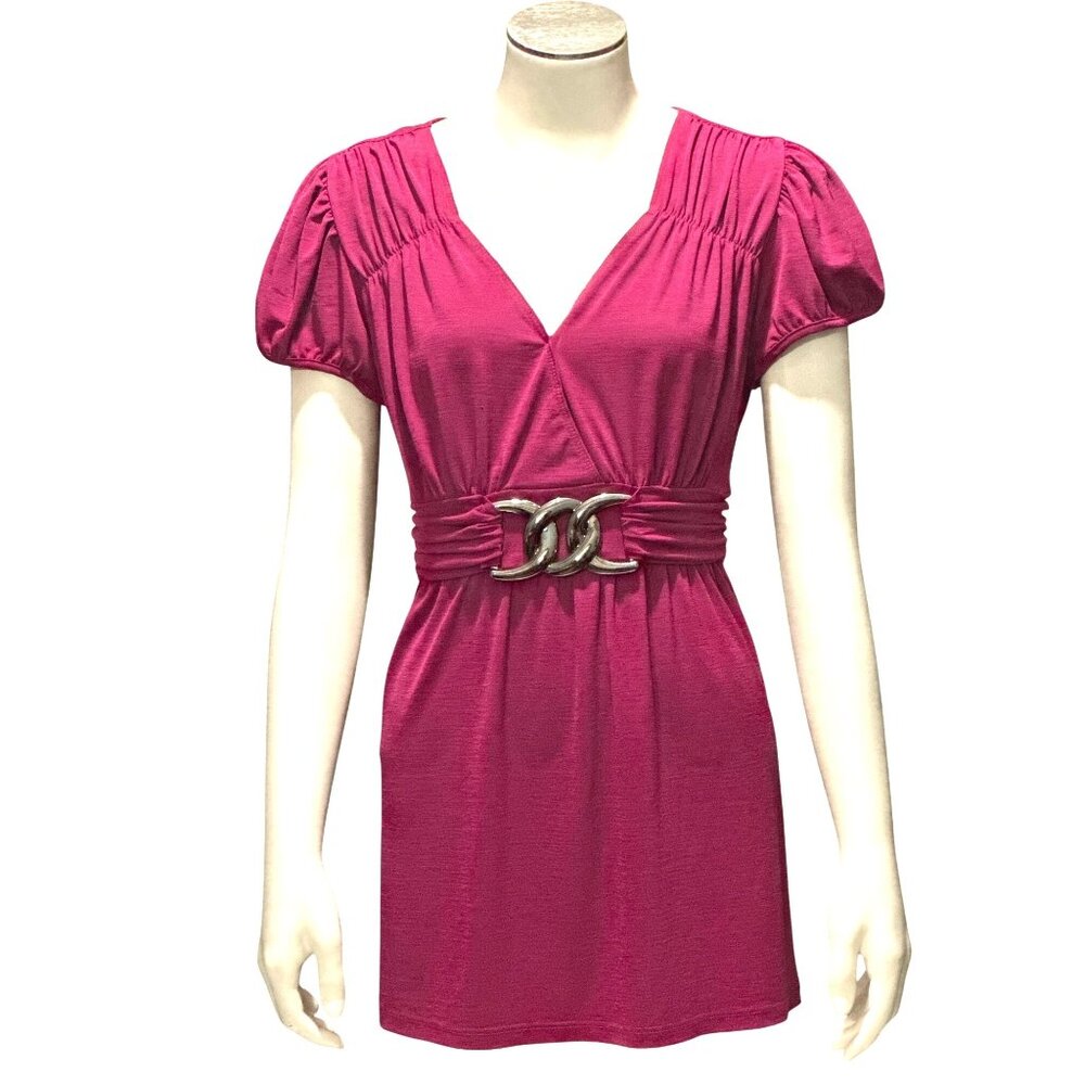 Wrapper XL Magenta Empire Waist Tunic Top Puff Sleeve Silver Buckle Y2K Glamcore